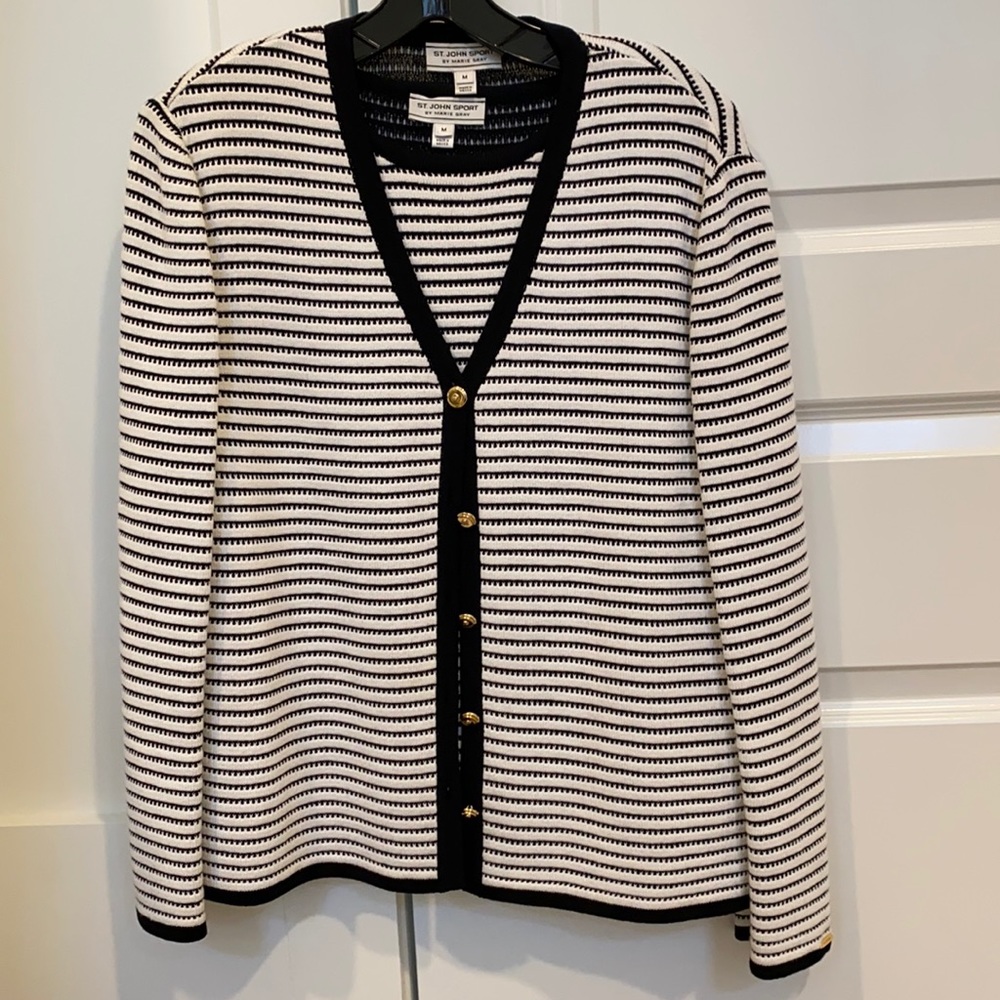 St. John Sport Button Cardigan and Matching Knit Sleeveless Sweater Set, Size M